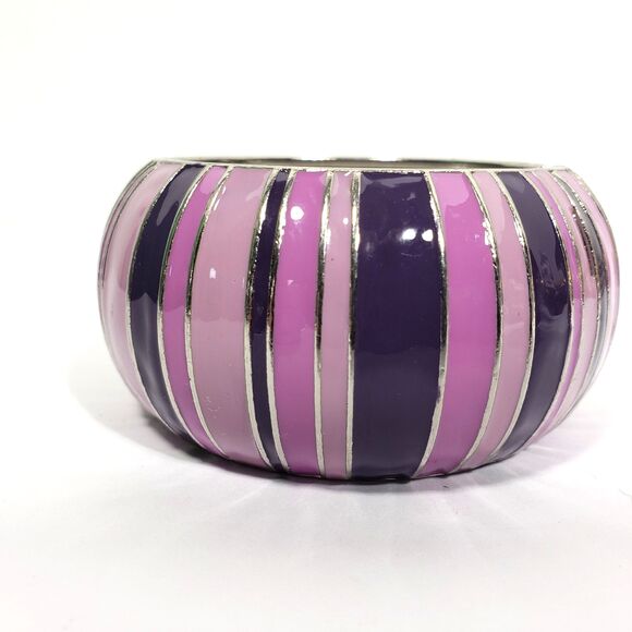 Pink Purple 1.5" Wide Clamper Bracelet Silver Tone Metal Chunky Domed Striped - Picture 3 of 9